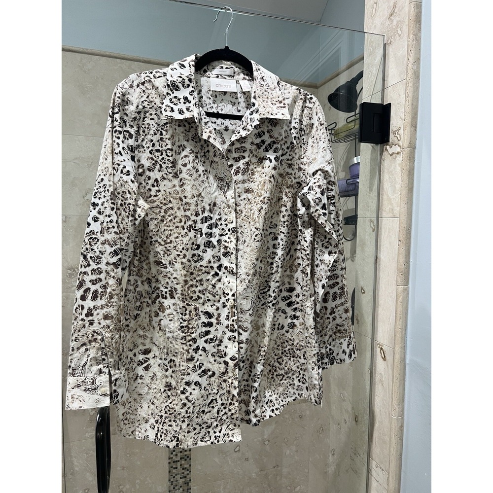 Chicos Womens No Iron Button Up Top 2 Large Animal Print Long Sleeve Ivory Brown